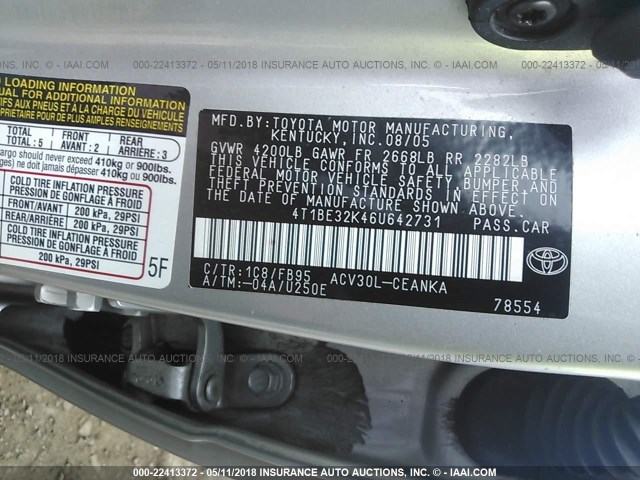4T1BE32K46U642731 - 2006 TOYOTA CAMRY LE/XLE/SE ვერცხლისფერი ფოტო 9