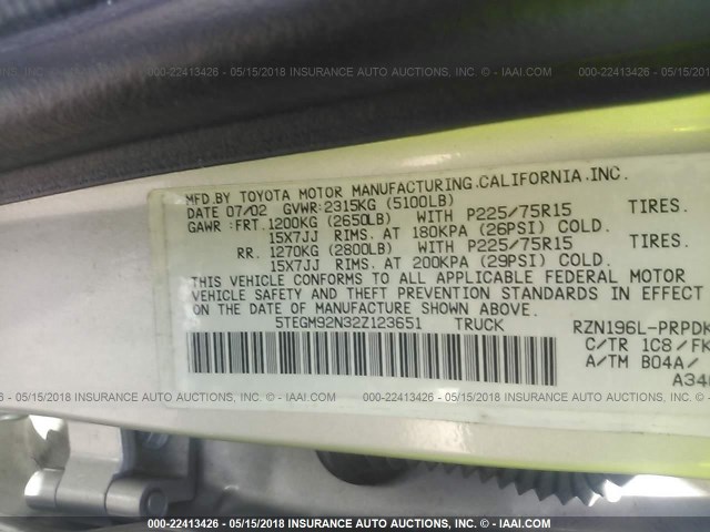 5TEGM92N32Z123651 - 2002 TOYOTA TACOMA DOUBLE CAB PRERUNNER SILVER photo 9