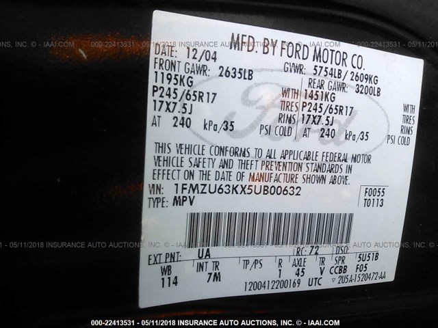 1FMZU63KX5UB00632 - 2005 FORD EXPLORER XLT/XLT SPORT/NBX BLUE photo 9