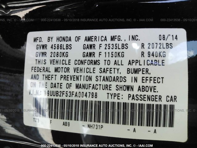 19UUB2F53FA004798 - 2015 ACURA TLX TECH BLACK photo 9