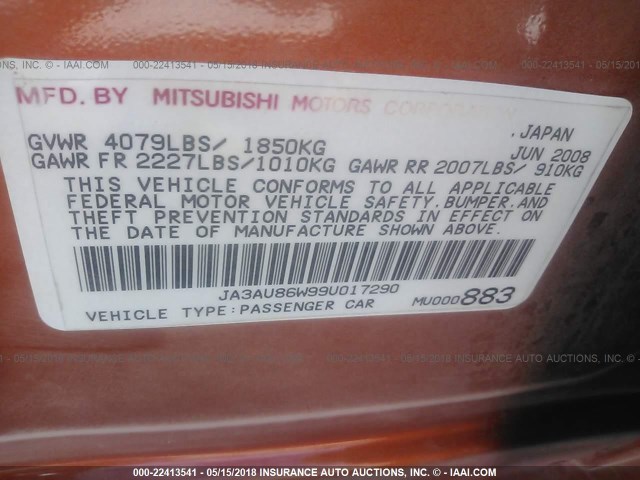 JA3AU86W99U017290 - 2009 MITSUBISHI LANCER GTS ORANGE photo 9