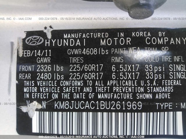 KM8JUCAC1BU261969 - 2011 HYUNDAI TUCSON GLS/LIMITED 银色 照片 9