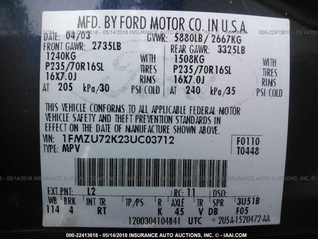 1FMZU72K23UC03712 - 2003 FORD EXPLORER XLS/XLS SPORT BLUE photo 9