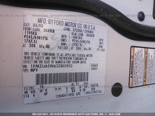 1FMZU65W63ZB03933 - 2003 FORD EXPLORER LIMITED CREAM photo 9