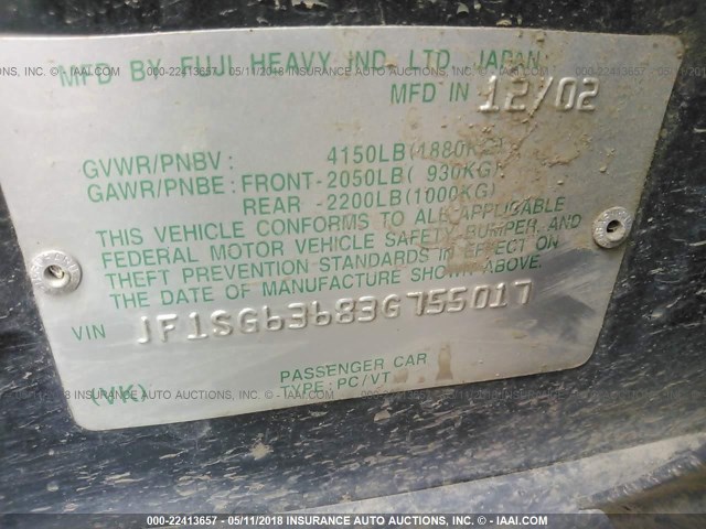 JF1SG63683G755017 - 2003 SUBARU FORESTER 2.5X GREEN photo 9