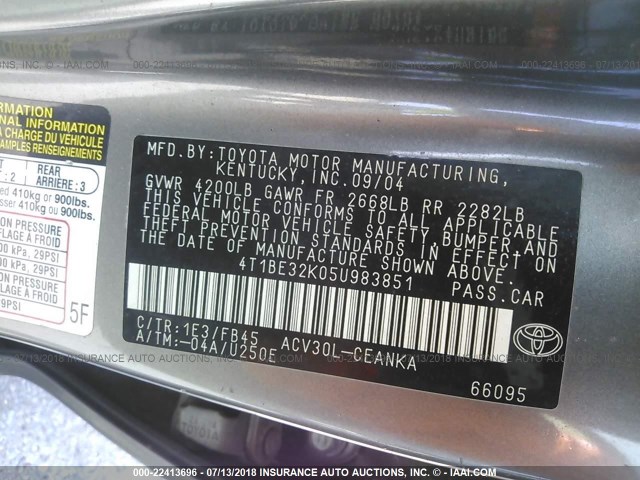 4T1BE32K05U983851 - 2005 TOYOTA CAMRY LE/XLE/SE GRAY photo 9