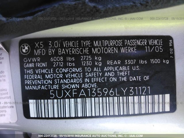 5UXFA13596LY31121 - 2006 BMW X5 3.0I SILVER photo 9