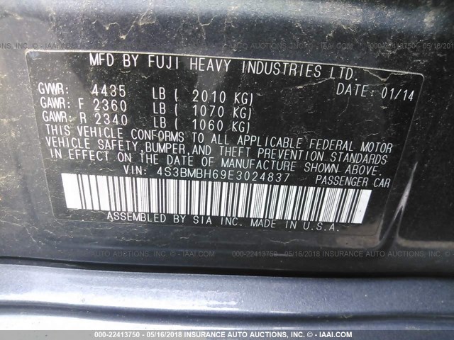 4S3BMBH69E3024837 - 2014 SUBARU LEGACY 2.5I SPORT GRAY photo 9