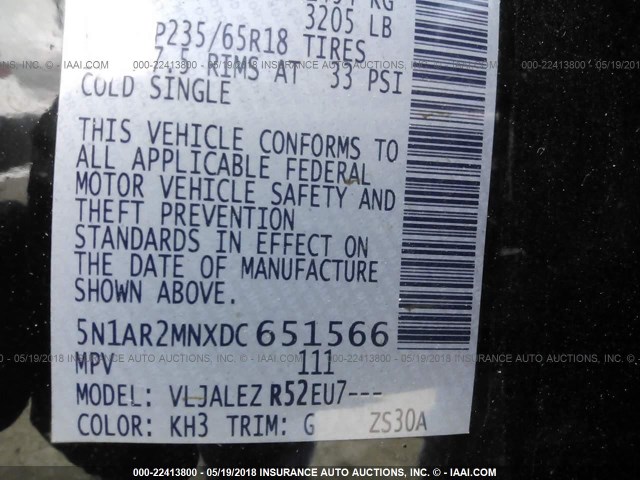 5N1AR2MNXDC651566 - 2013 NISSAN PATHFINDER S/SV/SL/PLATINUM 黑色 照片 9