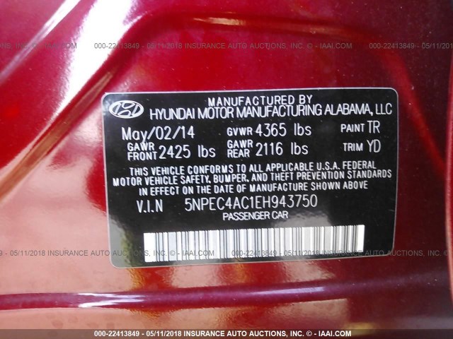 5NPEC4AC1EH943750 - 2014 HYUNDAI SONATA SE/LIMITED BURGUNDY photo 9