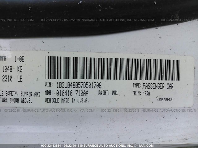 1B3JB48B57D501708 - 2007 DODGE CALIBER SXT WHITE photo 9