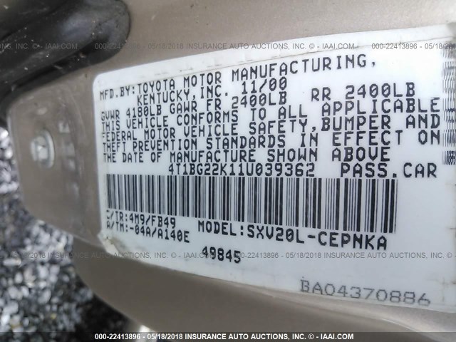 4T1BG22K11U039362 - 2001 TOYOTA CAMRY CE/LE/XLE 棕色 照片 9