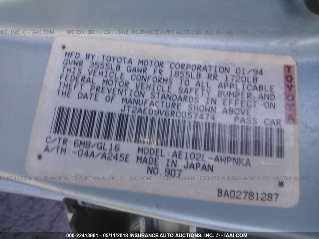 JT2AE09V6R0057474 - 1994 TOYOTA COROLLA DX BLUE photo 9