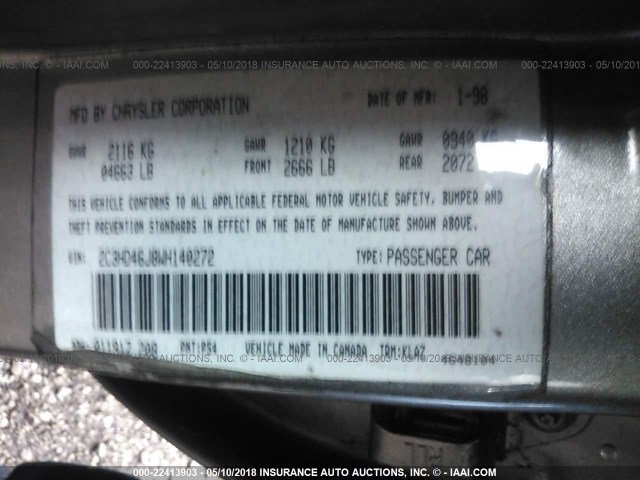 2C3HD46J8WH140272 - 1998 CHRYSLER CONCORDE LXI GRAY photo 9