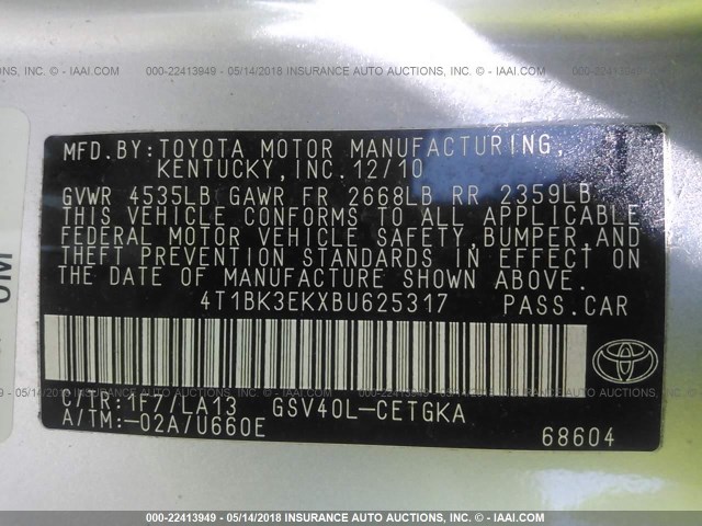 4T1BK3EKXBU625317 - 2011 TOYOTA CAMRY SE/LE/XLE ვერცხლისფერი ფოტო 9