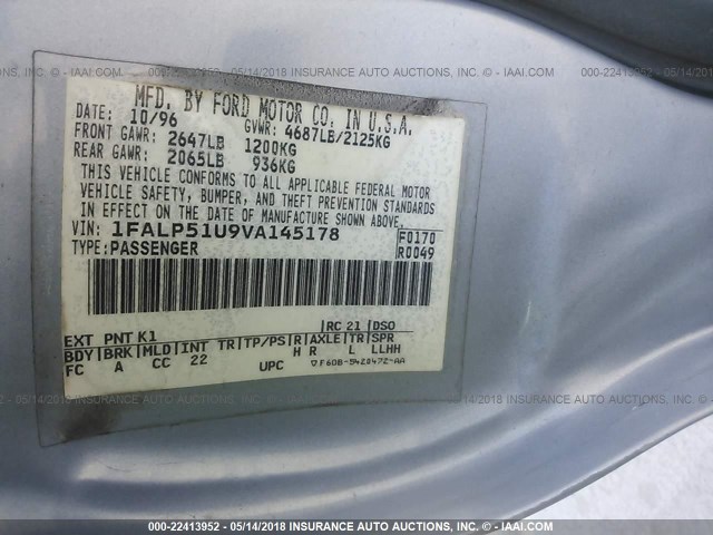 1FALP51U9VA145178 - 1997 FORD TAURUS G BLUE photo 9