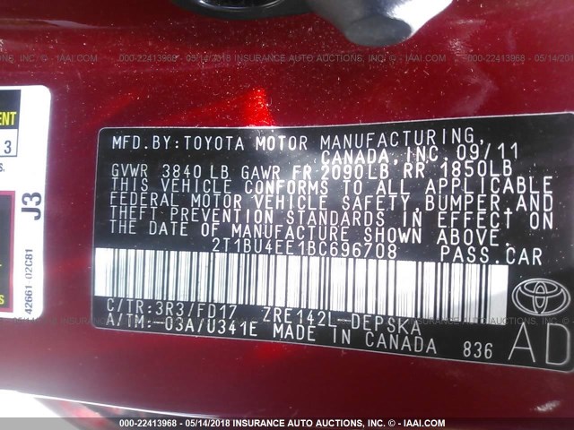 2T1BU4EE1BC696708 - 2011 TOYOTA COROLLA S/LE RED photo 9