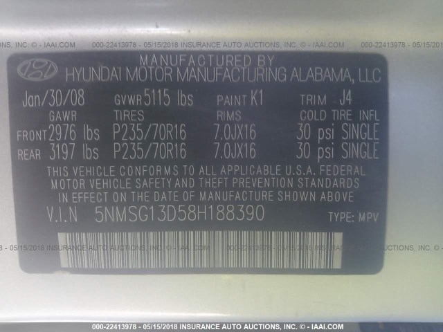 5NMSG13D58H188390 - 2008 HYUNDAI SANTA FE GLS SILVER photo 9