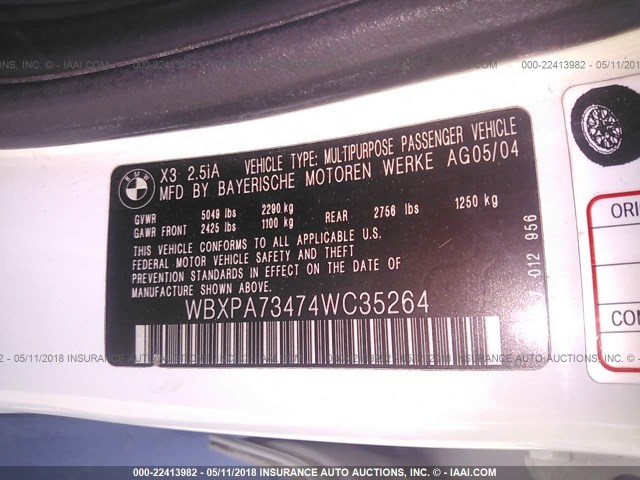 WBXPA73474WC35264 - 2004 BMW X3 2.5I WHITE photo 9