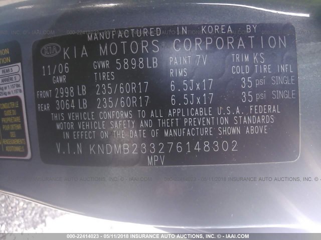 KNDMB233276148302 - 2007 KIA SEDONA EX/LX BLUE photo 9