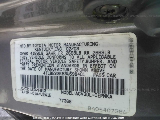 4T1BE32K53U698401 - 2003 TOYOTA CAMRY LE/XLE/SE ნაცრისფერი ფოტო 9