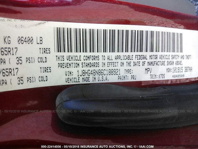 1J8HG48N86C188921 - 2006 JEEP COMMANDER BURGUNDY photo 9