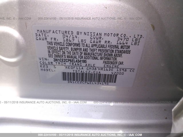 3N1CE2CP6EL434195 - 2014 NISSAN VERSA NOTE S/S PLUS/SV/SL SILVER photo 9