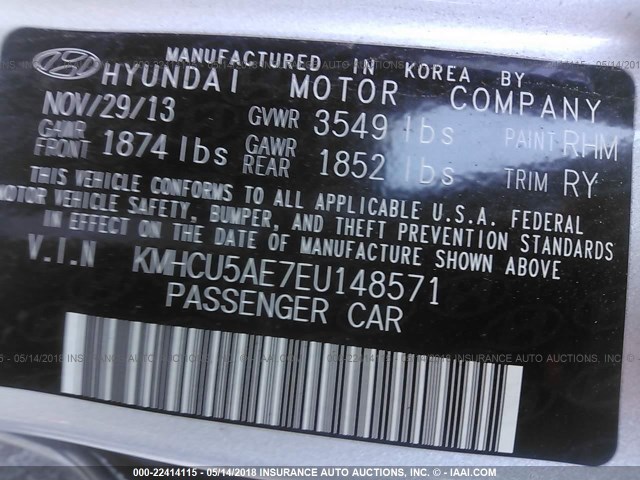 KMHCU5AE7EU148571 - 2014 HYUNDAI ACCENT GLS/SE SILVER photo 9