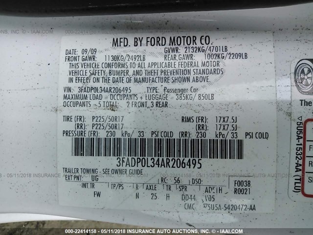 3FADP0L34AR206495 - 2010 FORD FUSION HYBRID WHITE photo 9