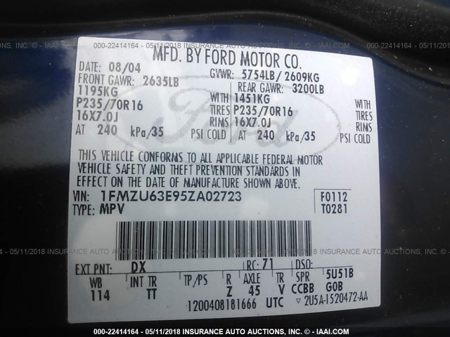 1FMZU63E95ZA02723 - 2005 FORD EXPLORER XLT/XLT SPORT/NBX BLUE photo 9