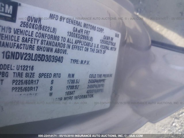 1GNDV23L05D303940 - 2005 CHEVROLET UPLANDER LS SILVER photo 9