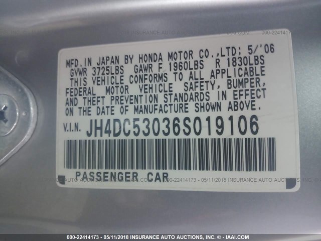 JH4DC53036S019106 - 2006 ACURA RSX TYPE-S SILVER photo 9