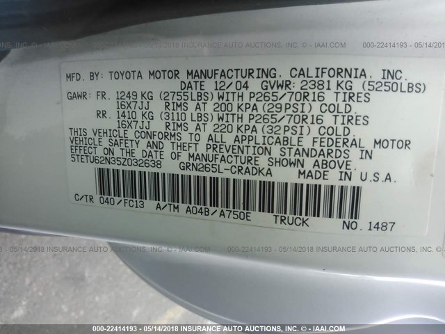 5TETU62N35Z032638 - 2005 TOYOTA TACOMA PRERUNNER ACCESS CAB WHITE photo 9