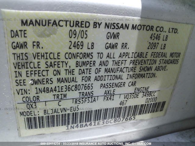 1N4BA41E36C807665 - 2006 NISSAN MAXIMA SE/SL WHITE photo 9