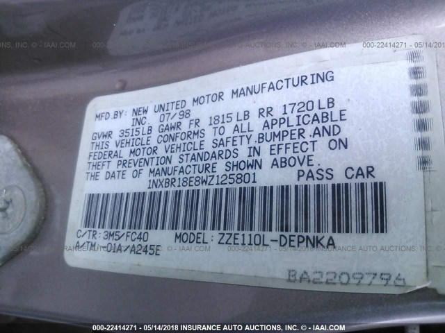 1NXBR18E8WZ125801 - 1998 TOYOTA COROLLA VE/CE/LE TAN photo 9