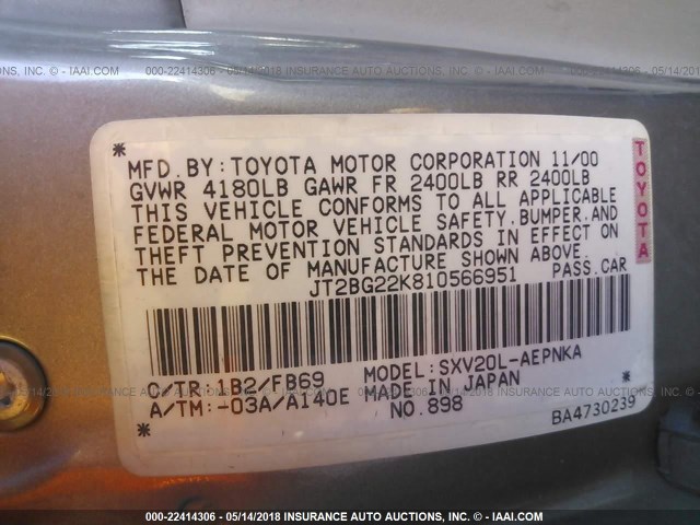 JT2BG22K810566951 - 2001 TOYOTA CAMRY CE/LE/XLE GRAY photo 9