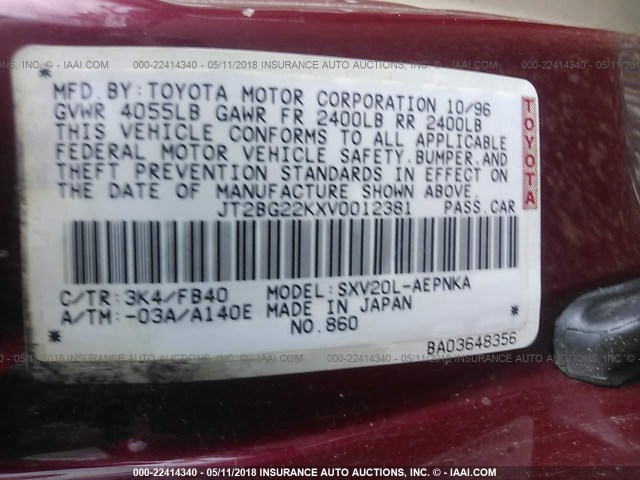 JT2BG22KXV0012381 - 1997 TOYOTA CAMRY LE/XLE RED photo 9