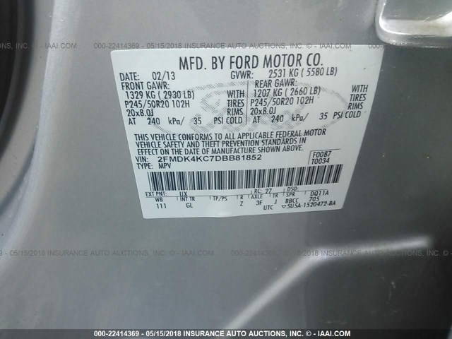 2FMDK4KC7DBB81852 - 2013 FORD EDGE LIMITED SILVER photo 9