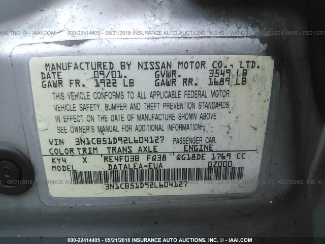 3N1CB51D92L604127 - 2002 NISSAN SENTRA XE/GXE SILVER photo 9