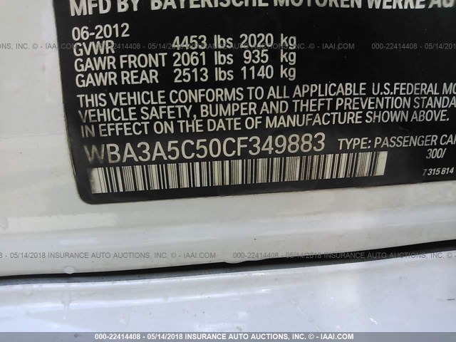 WBA3A5C50CF349883 - 2012 BMW 328 I Սպիտակ լուսանկար 9