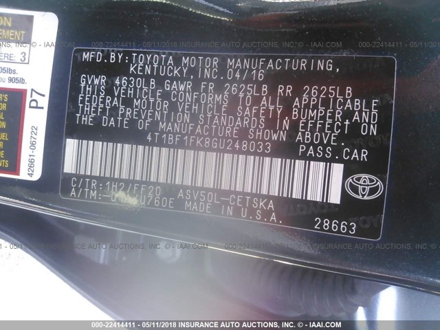 4T1BF1FK8GU248033 - 2016 TOYOTA CAMRY LE/XLE/SE/XSE GREEN photo 9