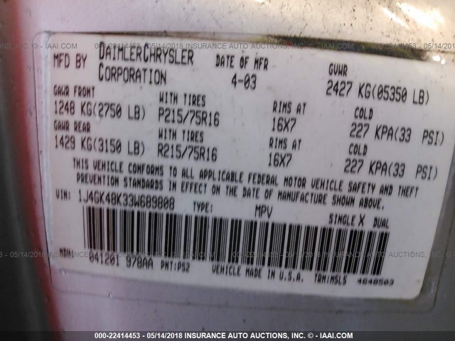 1J4GK48K33W689808 - 2003 JEEP LIBERTY SPORT/FREEDOM ვერცხლისფერი ფოტო 9