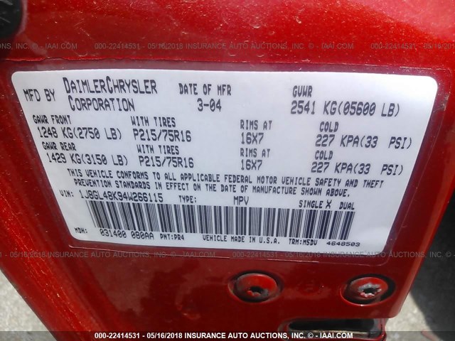 1J8GL48K94W266115 - 2004 JEEP LIBERTY SPORT 红色 照片 9