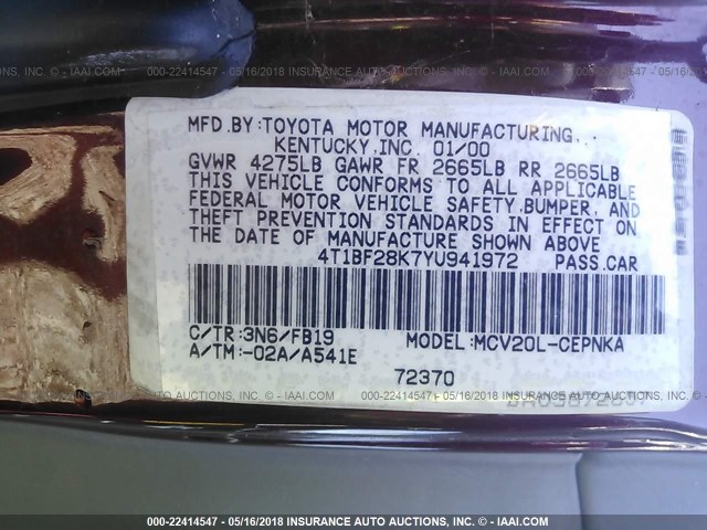 4T1BF28K7YU941972 - 2000 TOYOTA CAMRY LE/XLE Kastanienbraun Foto 9