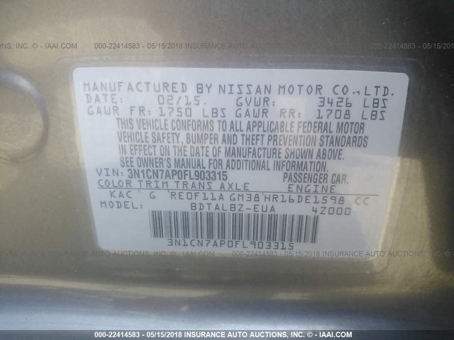 3N1CN7AP0FL903315 - 2015 NISSAN VERSA S/S PLUS/SV/SL GRAY photo 9