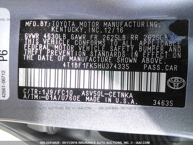 4T1BF1FK5HU374335 - 2017 TOYOTA CAMRY LE/XLE/SE/XSE 银色 照片 9