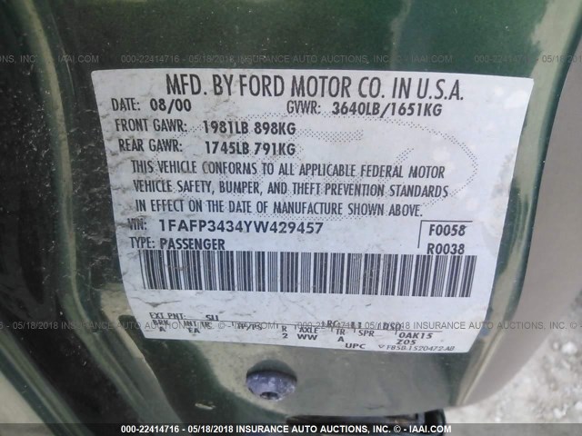 1FAFP3434YW429457 - 2000 FORD FOCUS SE/SE SPORT GREEN photo 9