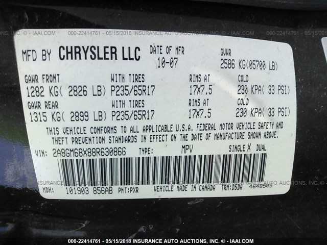 2A8GM68X88R630866 - 2008 CHRYSLER PACIFICA TOURING BLACK photo 9