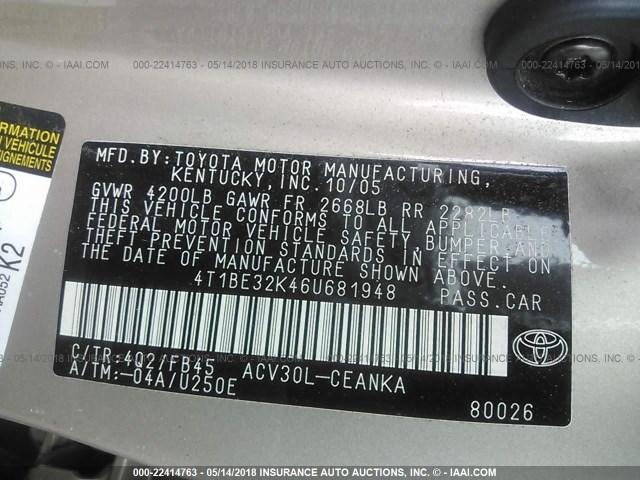 4T1BE32K46U681948 - 2006 TOYOTA CAMRY LE/XLE/SE 棕色 照片 9