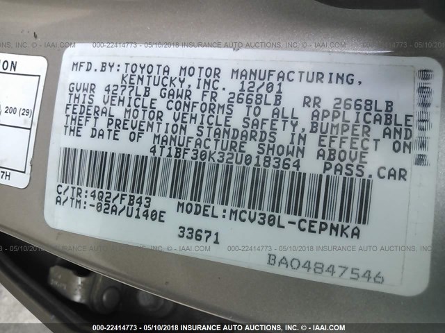 4T1BF30K32U018364 - 2002 TOYOTA CAMRY LE/XLE/SE ოქროსფერი ფოტო 9